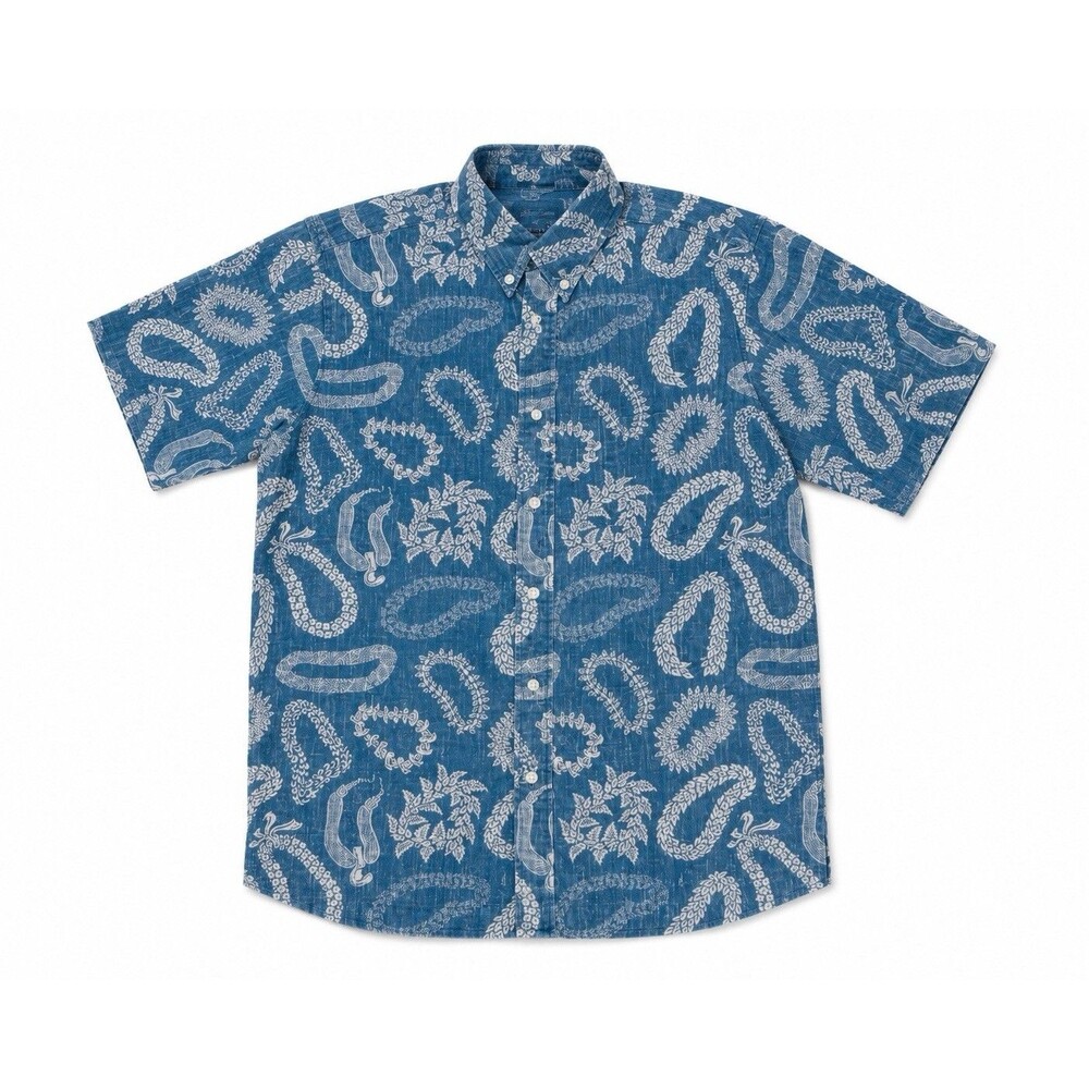 Reyn Spooner Blue Patterned Aloha Shirt Mens Sz M Reverse Print Resort Wear EUC